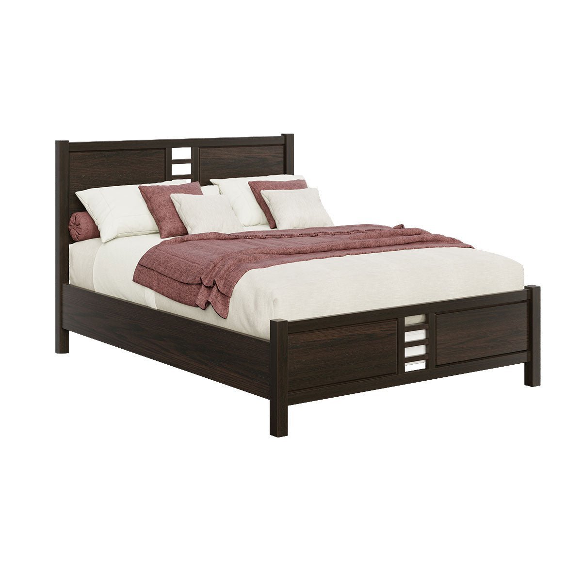 Modern panel bed in dark oak with ladder slat cutouts in the headboard and footboard and white and rose bedding