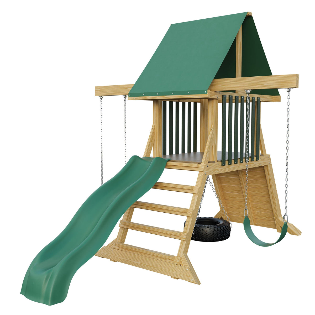 Natural wood swing set with green roof, wave slide, climbing ladder, tire swing and belt swing on a white background