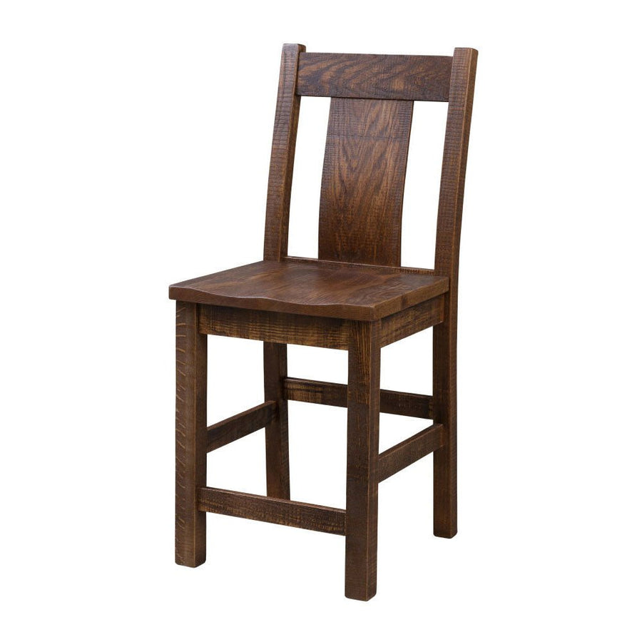 Counter height stool in dark rough sawn oak with a curved back panel, saddle seat and square legs with foot rails