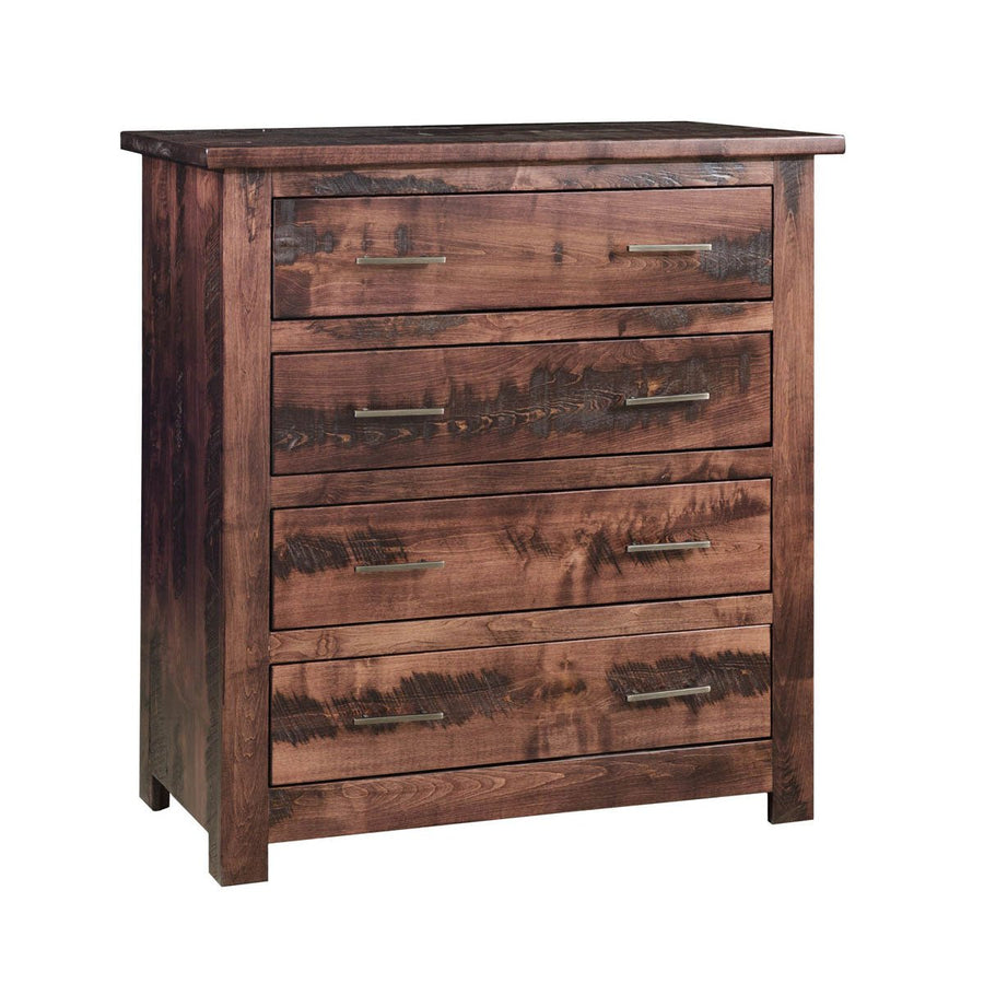 Four-drawer chest of drawers in rustic brown wood with heavy square posts, plank top and brushed metal bar pulls
