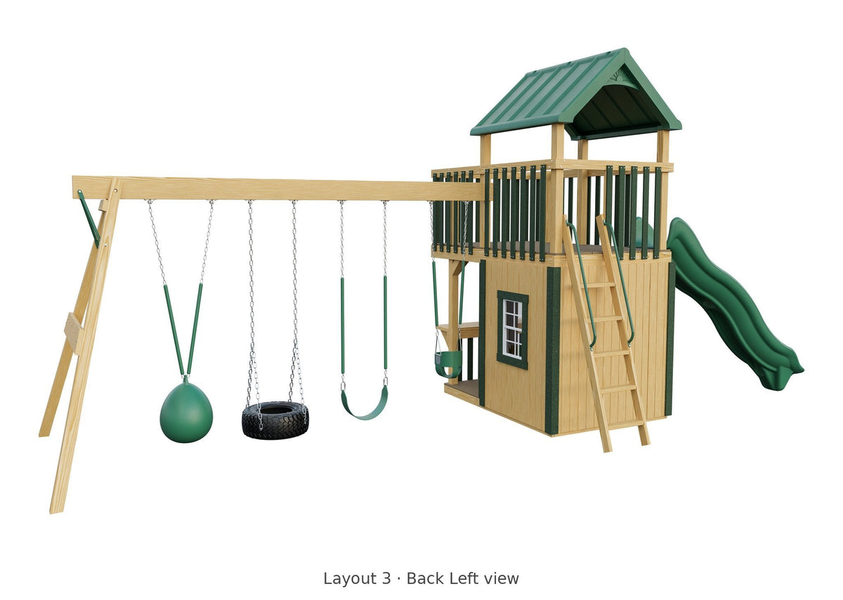 Amish Trading Post Wooden Swing Set & Playset Kit – Layout 3, back left view
