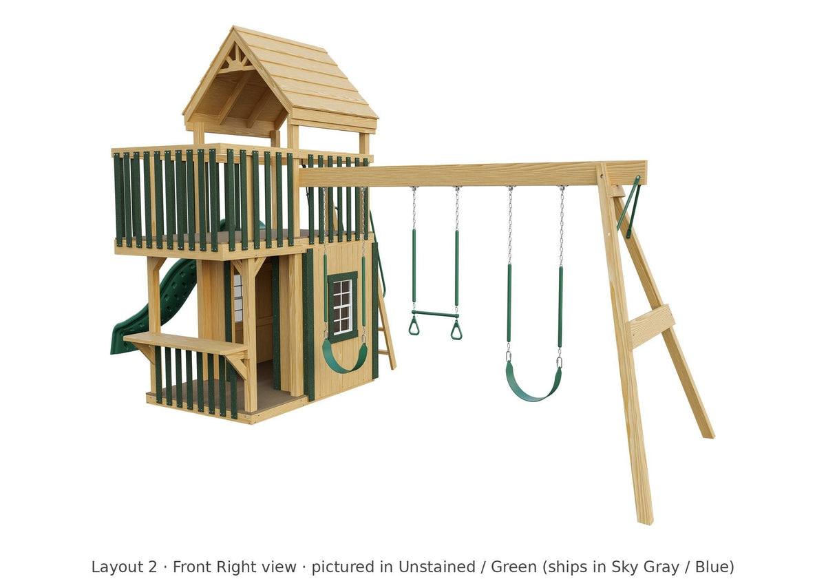 Amish Trading Post Wooden Swing Set & Playset Kit – Layout 2, front right view (shown in Unstained with Green accents)