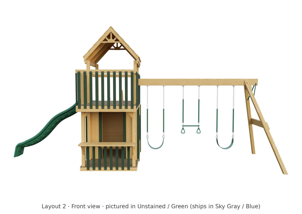 Amish Trading Post Wooden Swing Set & Playset Kit – Layout 2, front view (shown in Unstained with Green accents)