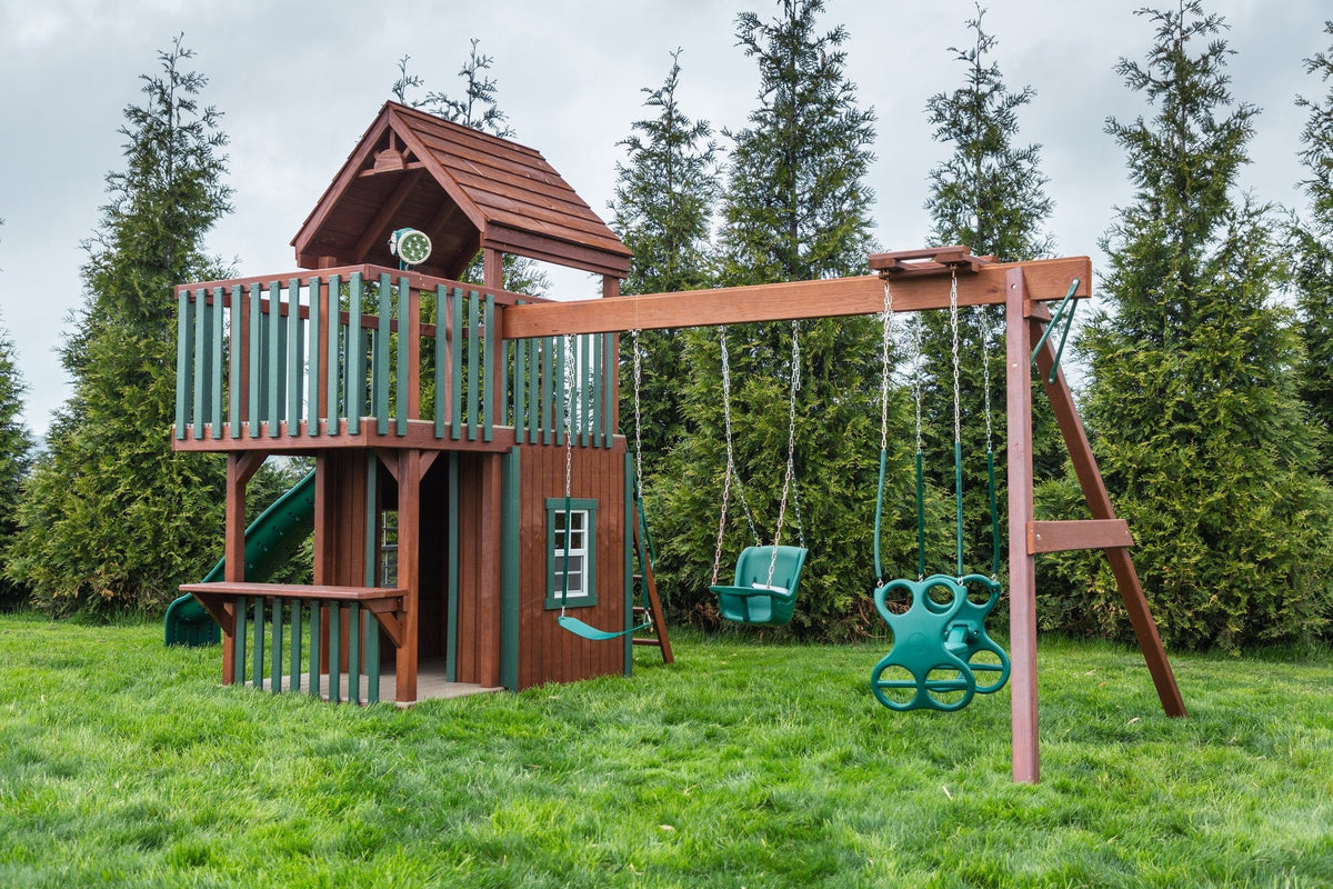 Trading Post Wooden Swing Set & Playset Kit – real-world photo (configuration and colors may differ from the layouts offered)