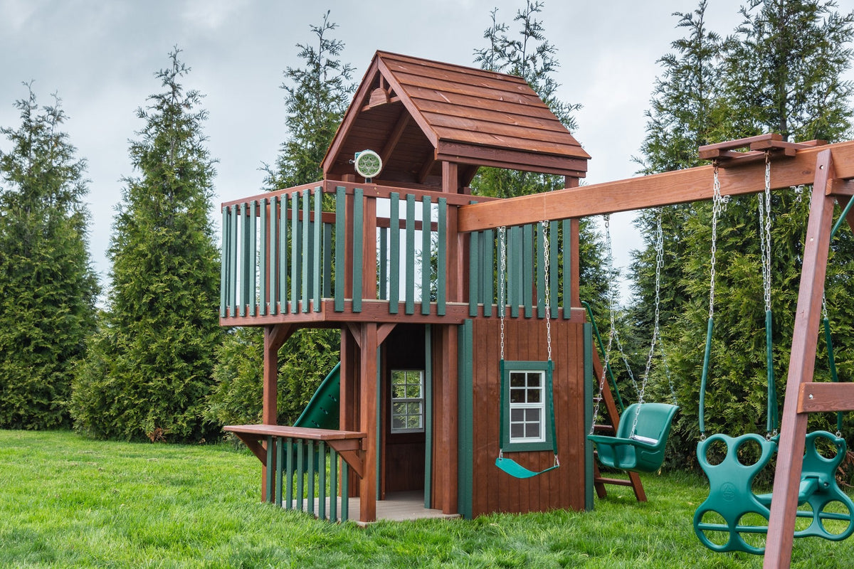 Trading Post Wooden Swing Set & Playset Kit – real-world photo (configuration and colors may differ from the layouts offered)