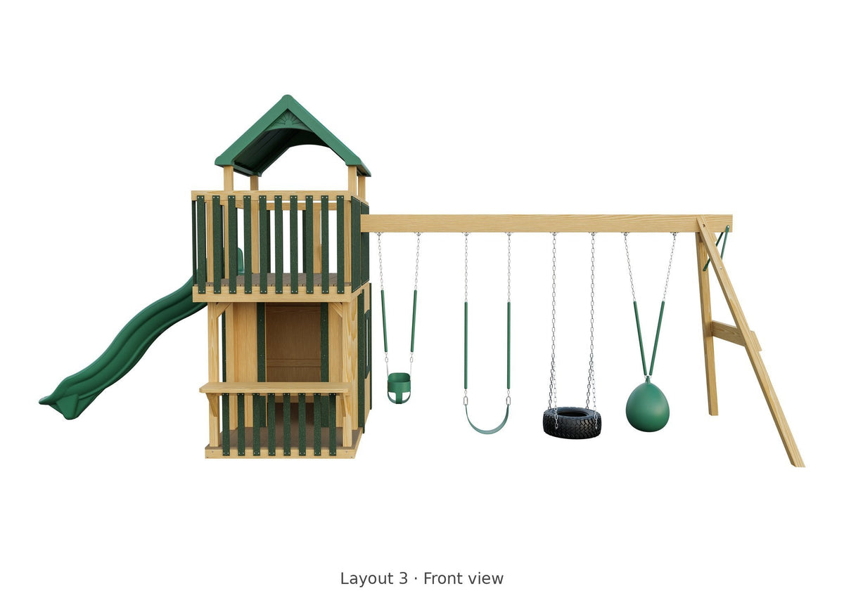Amish Trading Post Wooden Swing Set & Playset Kit – Layout 3, front view
