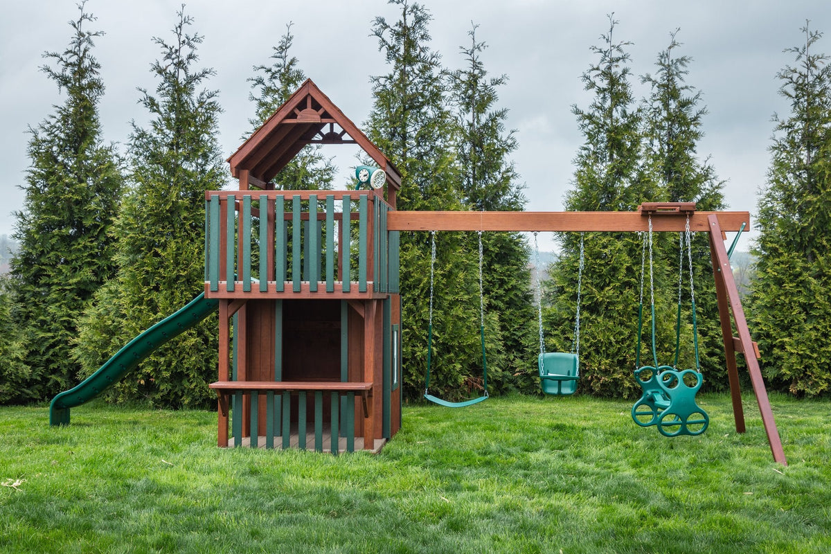 Trading Post Wooden Swing Set & Playset Kit – real-world photo (configuration and colors may differ from the layouts offered)