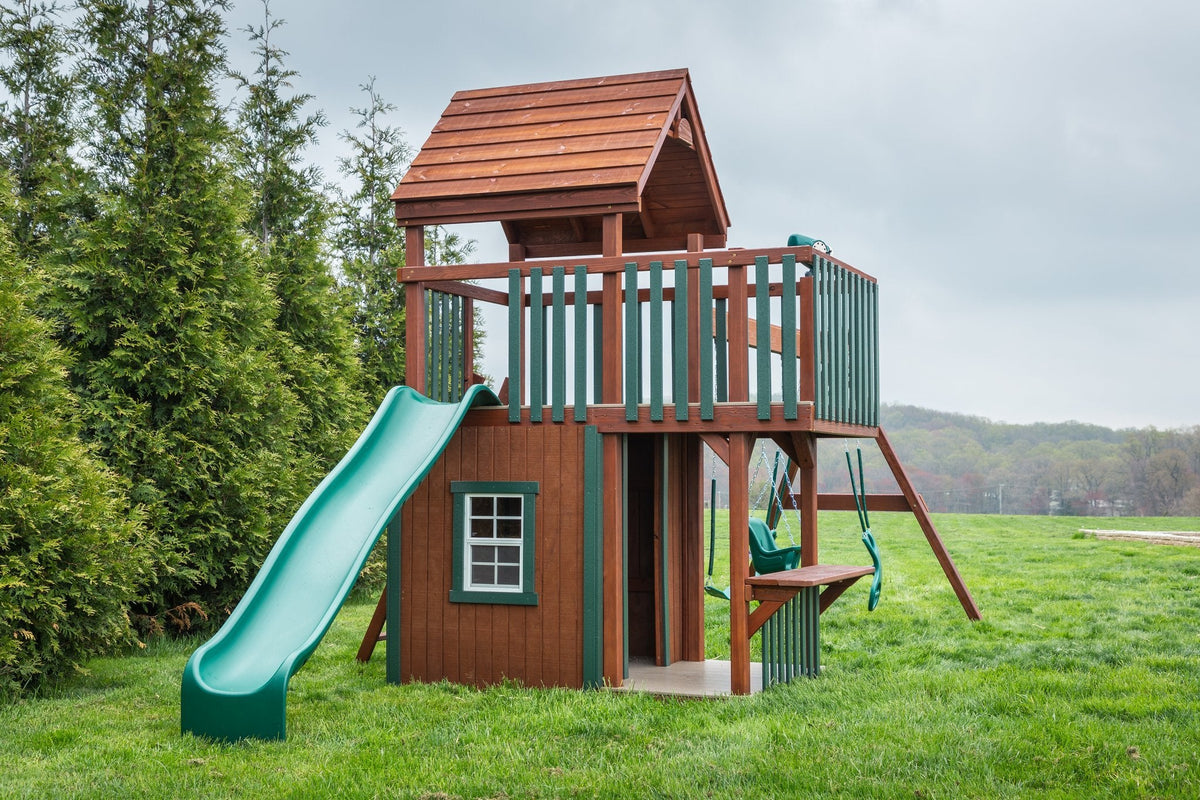 Trading Post Wooden Swing Set & Playset Kit – real-world photo (configuration and colors may differ from the layouts offered)