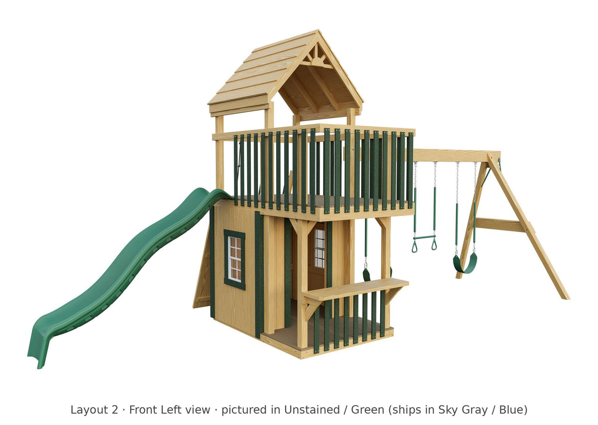Amish Trading Post Wooden Swing Set & Playset Kit – Layout 2, front left view (shown in Unstained with Green accents)
