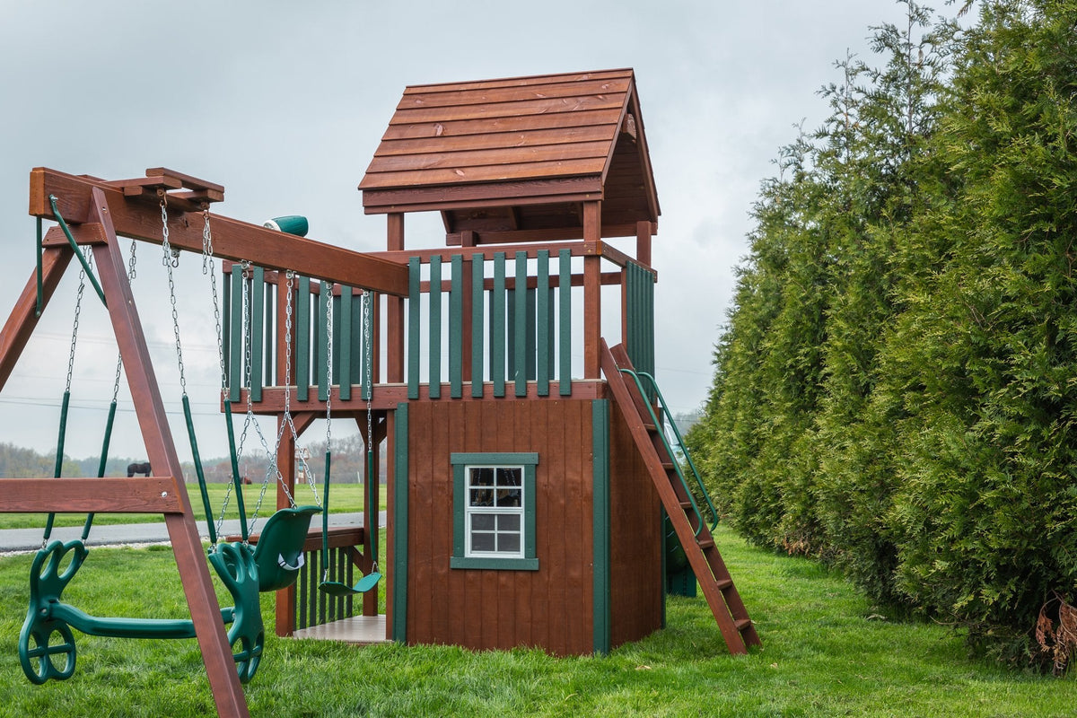 Trading Post Wooden Swing Set & Playset Kit – real-world photo (configuration and colors may differ from the layouts offered)
