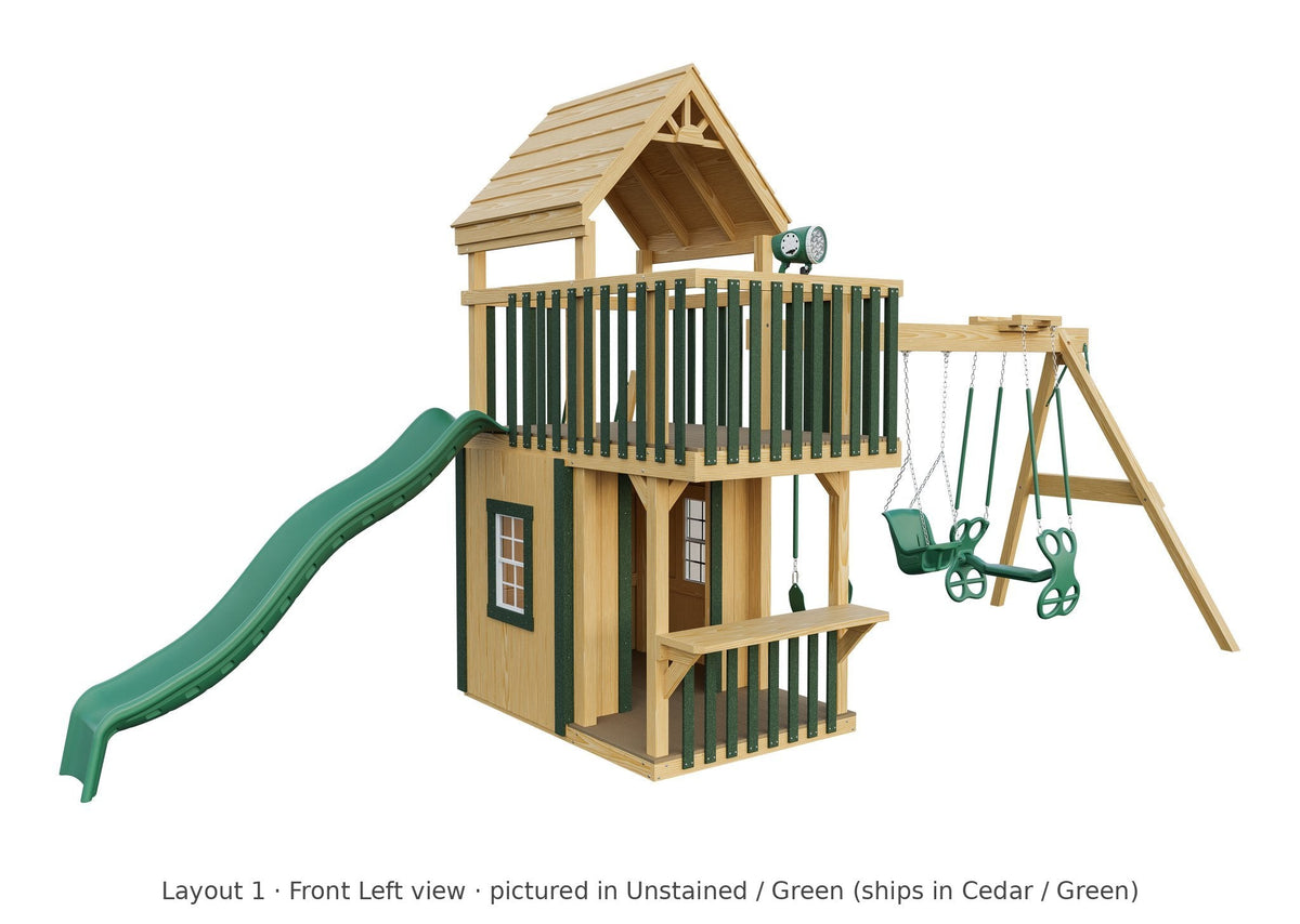 Amish Trading Post Wooden Swing Set & Playset Kit – Layout 1, front left view (shown in Unstained with Green accents)