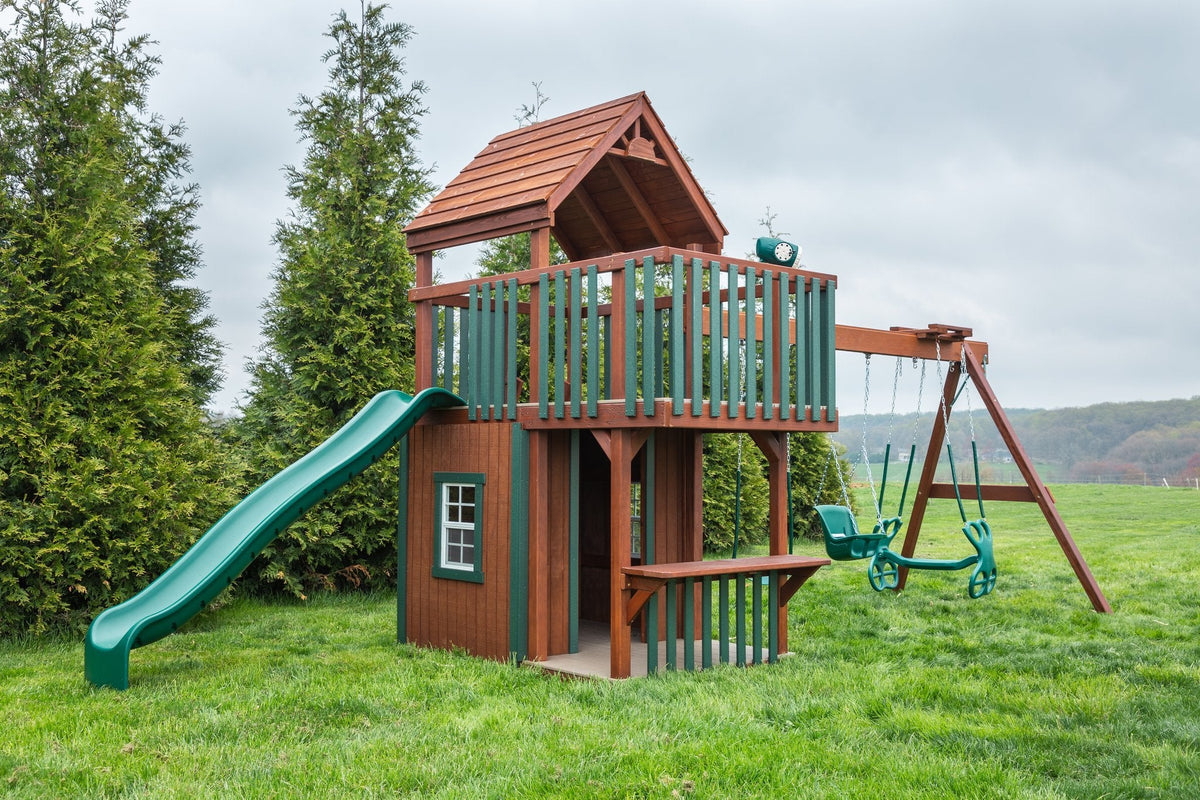 Trading Post Wooden Swing Set & Playset Kit – real-world photo (configuration and colors may differ from the layouts offered)