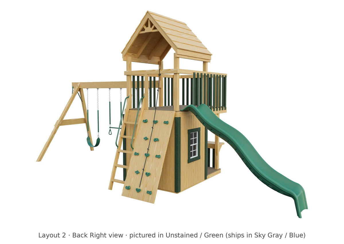 Amish Trading Post Wooden Swing Set & Playset Kit – Layout 2, back right view (shown in Unstained with Green accents)