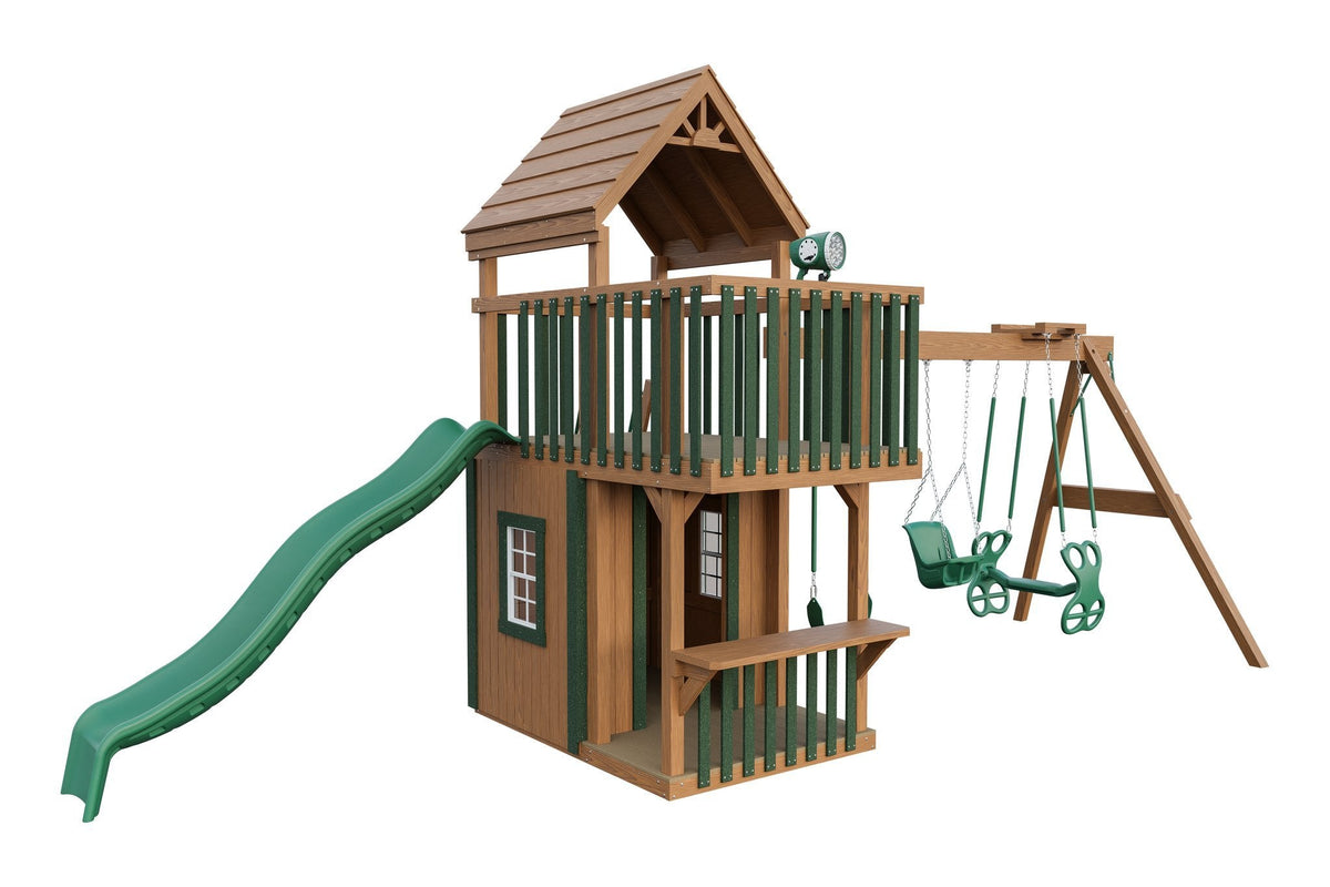 Amish Trading Post Wooden Swing Set & Playset Kit – Layout 1, Cedar with Green accents