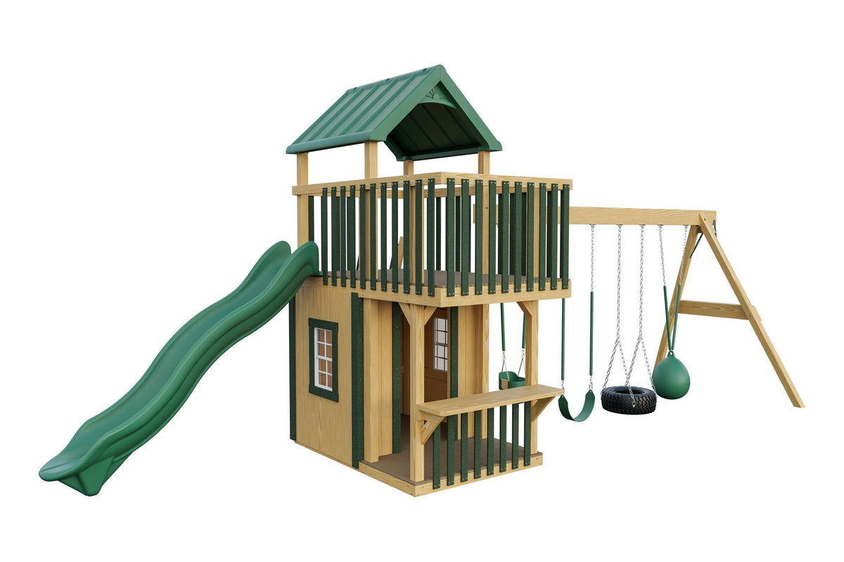 Amish Trading Post Wooden Swing Set & Playset Kit – Layout 3, Unstained with Green accents