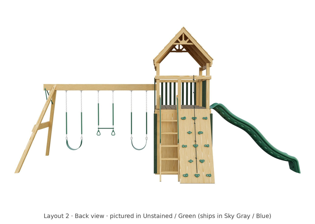 Amish Trading Post Wooden Swing Set & Playset Kit – Layout 2, back view (shown in Unstained with Green accents)