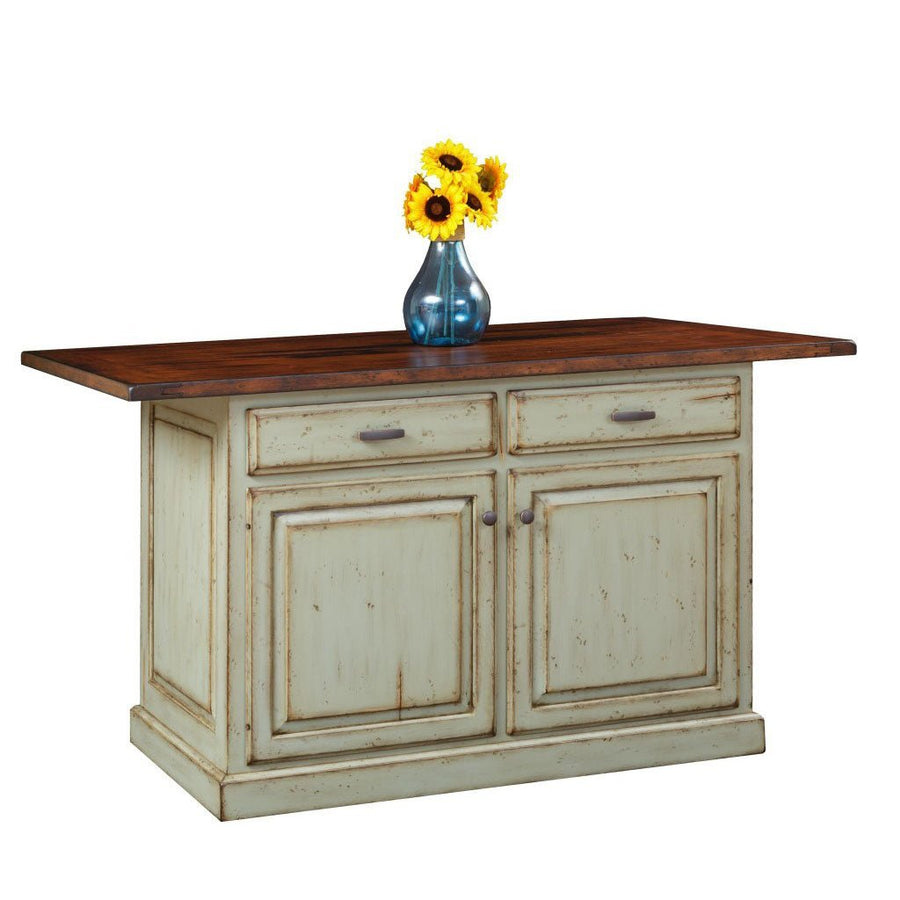Painted kitchen island with a rustic brown wood top, two drawers over two paneled doors and antiqued green finish on white