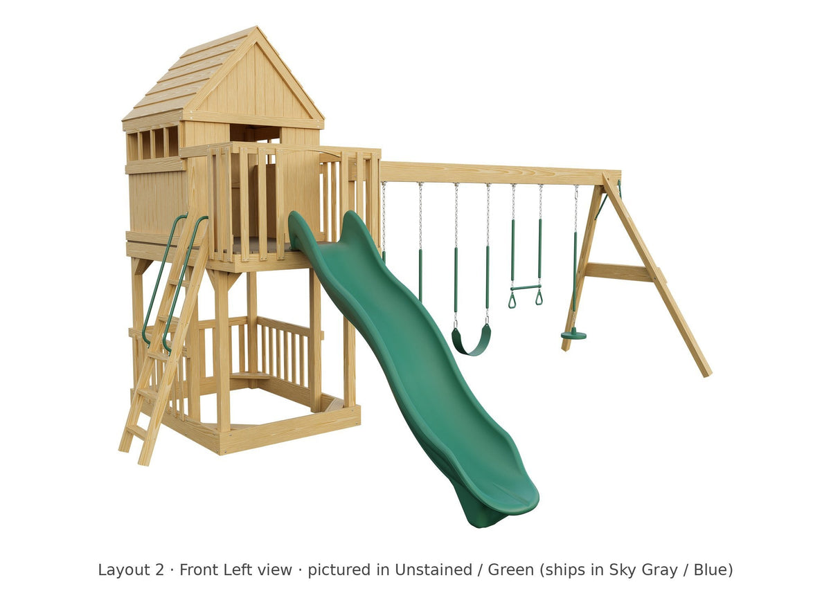 Amish Tree House Wooden Swing Set & Playset Kit – Layout 2, front left view (shown in Unstained with Green accents)