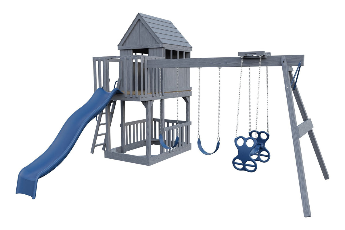 Amish Tree House Wooden Swing Set & Playset Kit – Layout 3, Unstained with Gray accents
