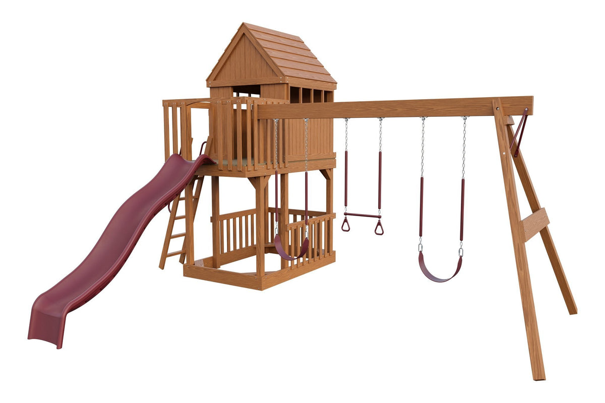 Amish Tree House Wooden Swing Set & Playset Kit – Layout 1, Canyon Brown with Red accents
