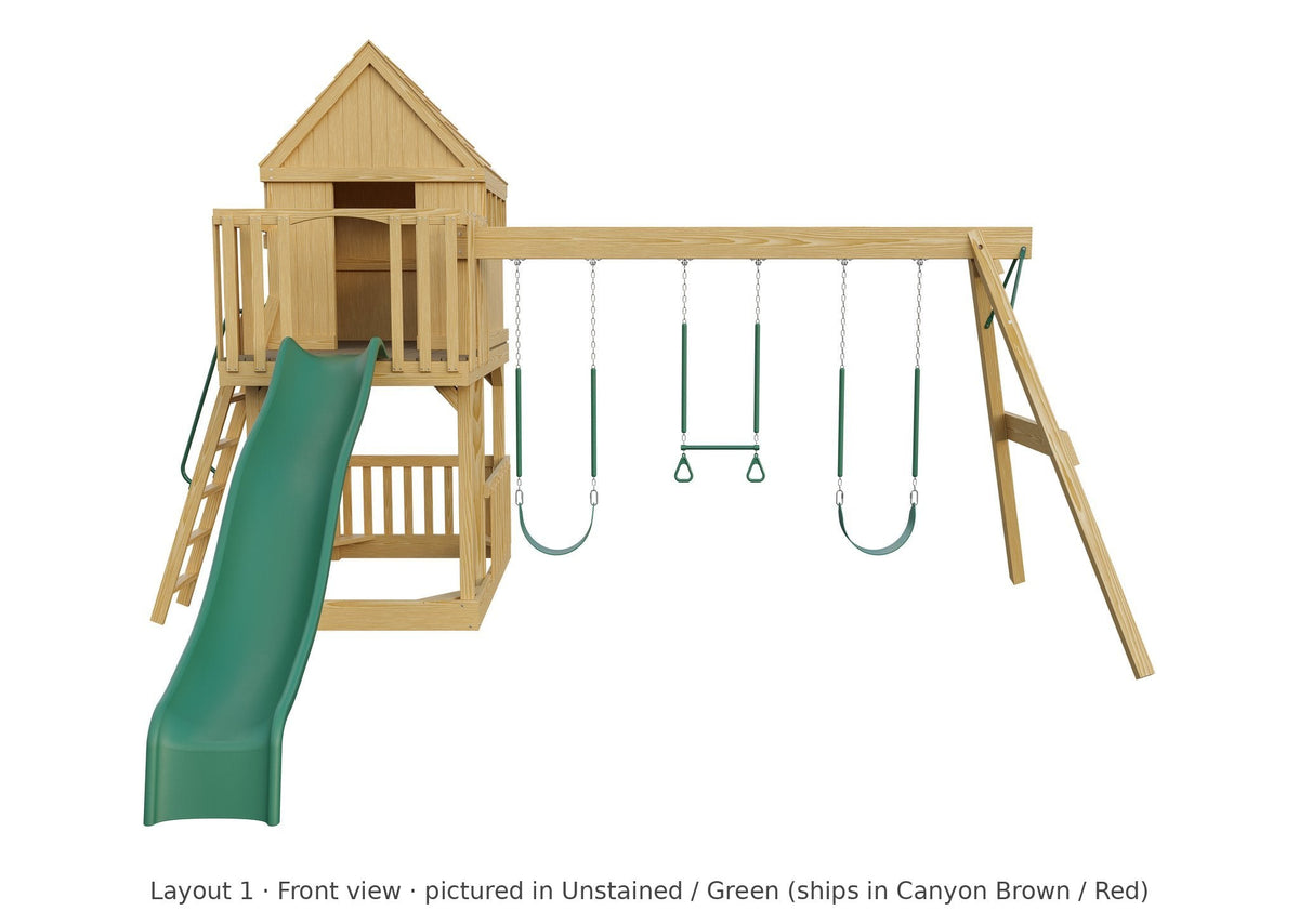 Amish Tree House Wooden Swing Set & Playset Kit – Layout 1, front view (shown in Unstained with Green accents)
