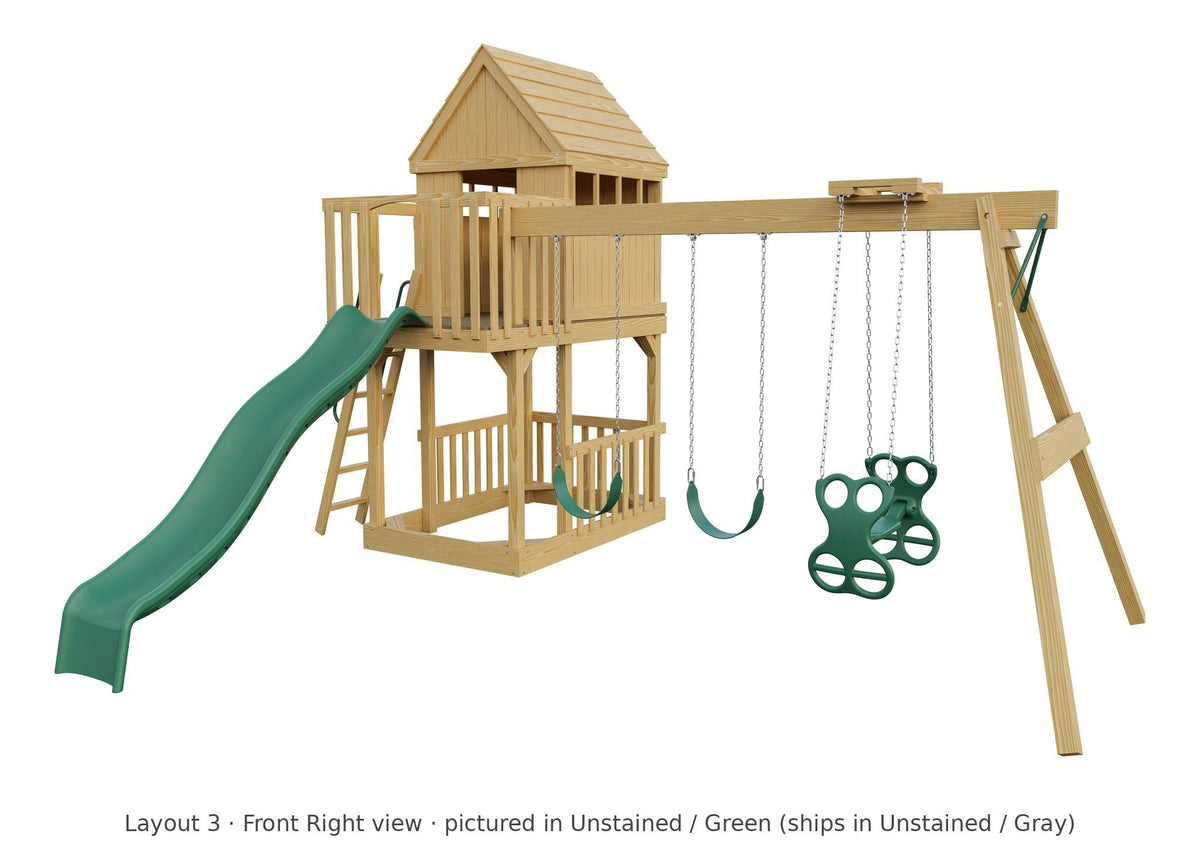 Amish Tree House Wooden Swing Set & Playset Kit – Layout 3, front right view (shown in Unstained with Green accents)