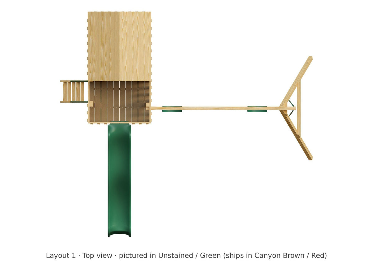 Amish Tree House Wooden Swing Set & Playset Kit – Layout 1, top view (shown in Unstained with Green accents)