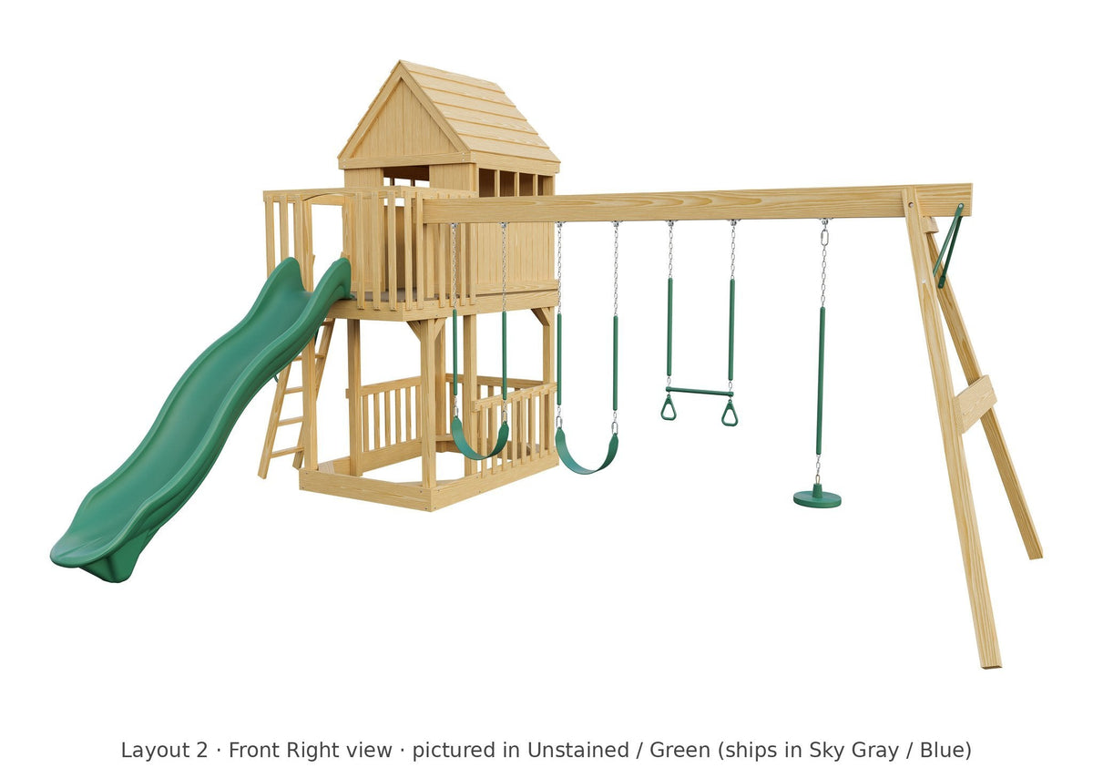 Amish Tree House Wooden Swing Set & Playset Kit – Layout 2, front right view (shown in Unstained with Green accents)