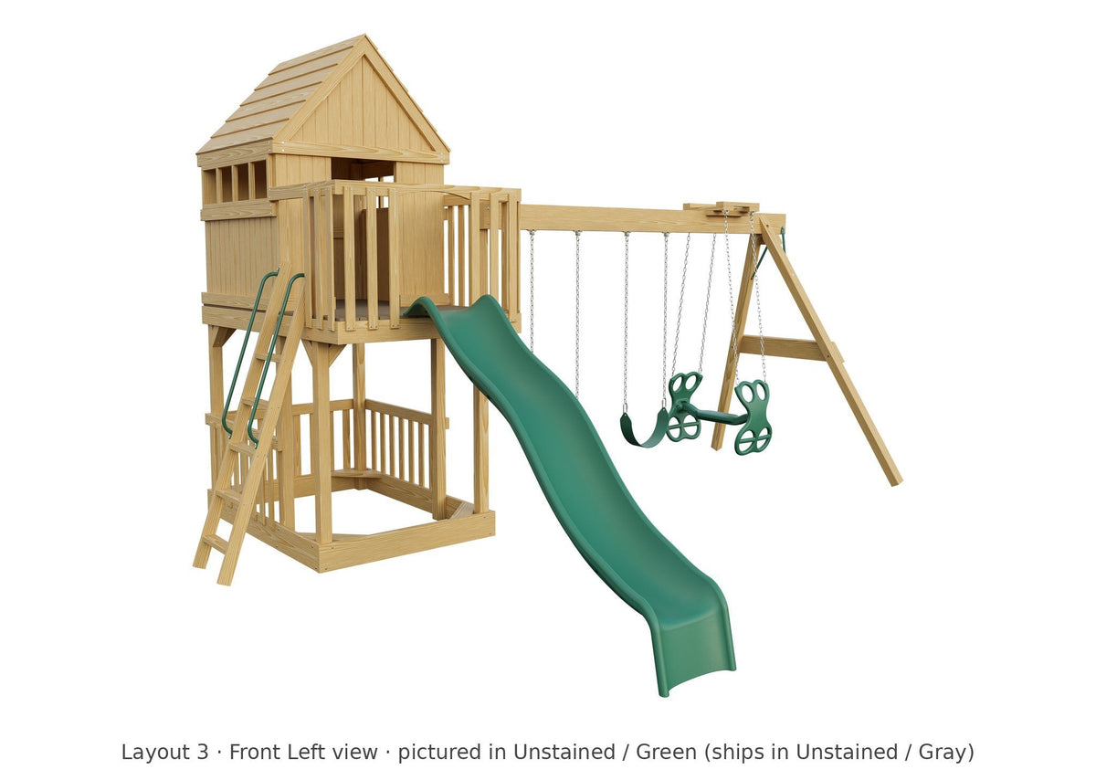 Amish Tree House Wooden Swing Set & Playset Kit – Layout 3, front left view (shown in Unstained with Green accents)