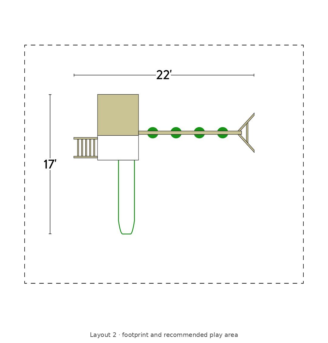 Amish Tree House Wooden Swing Set & Playset Kit – Layout 2 footprint and recommended play area diagram