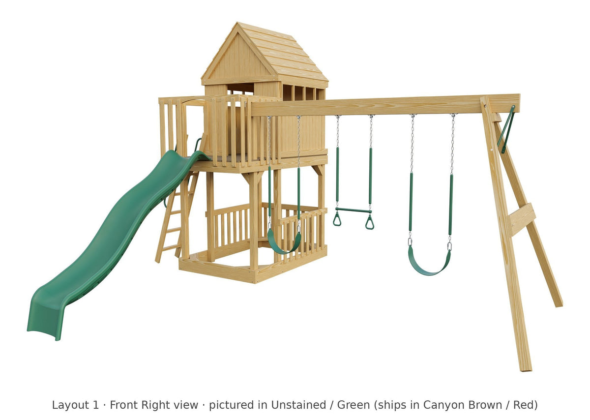Amish Tree House Wooden Swing Set & Playset Kit – Layout 1, front right view (shown in Unstained with Green accents)