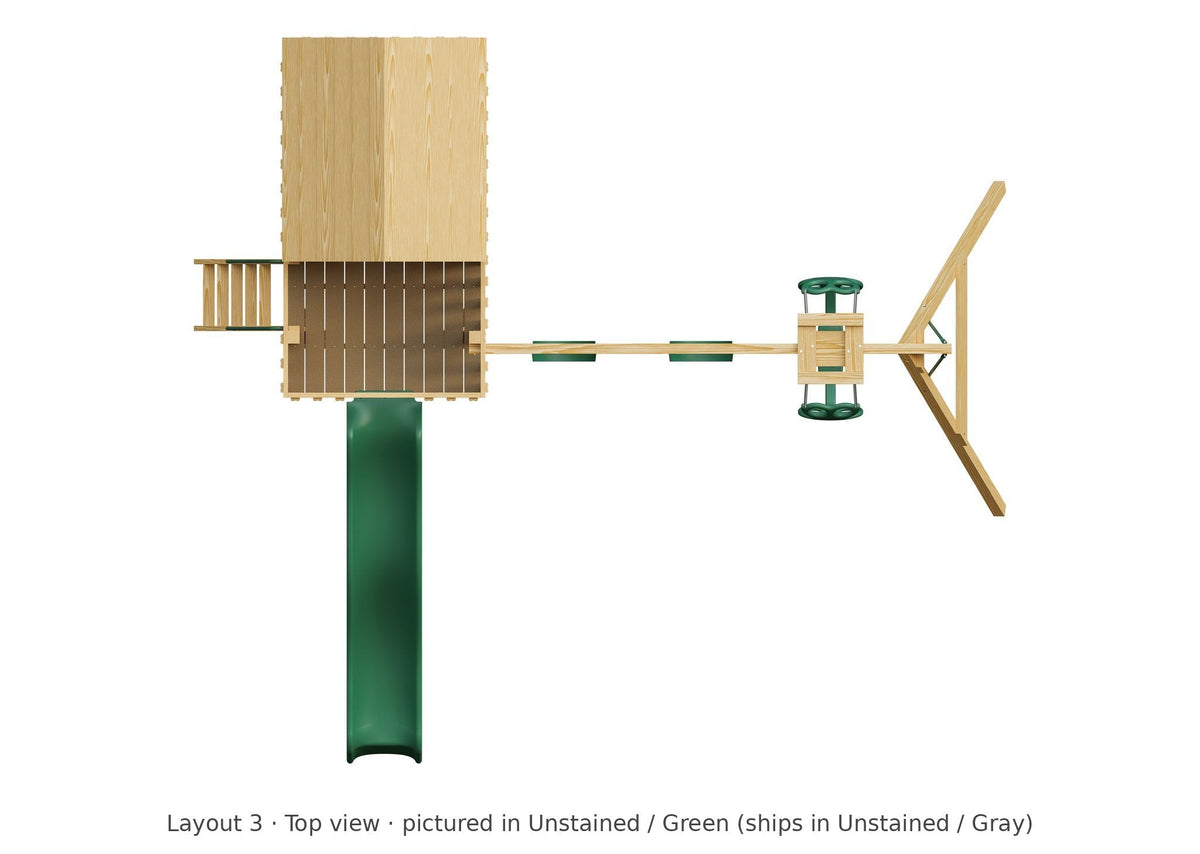 Amish Tree House Wooden Swing Set & Playset Kit – Layout 3, top view (shown in Unstained with Green accents)