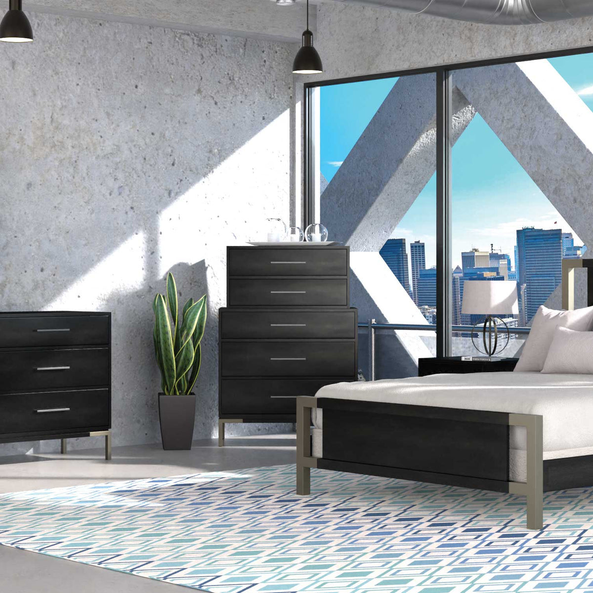 City-view bedroom corner with black five-drawer and three-drawer chests on metal bases beside the platform bed