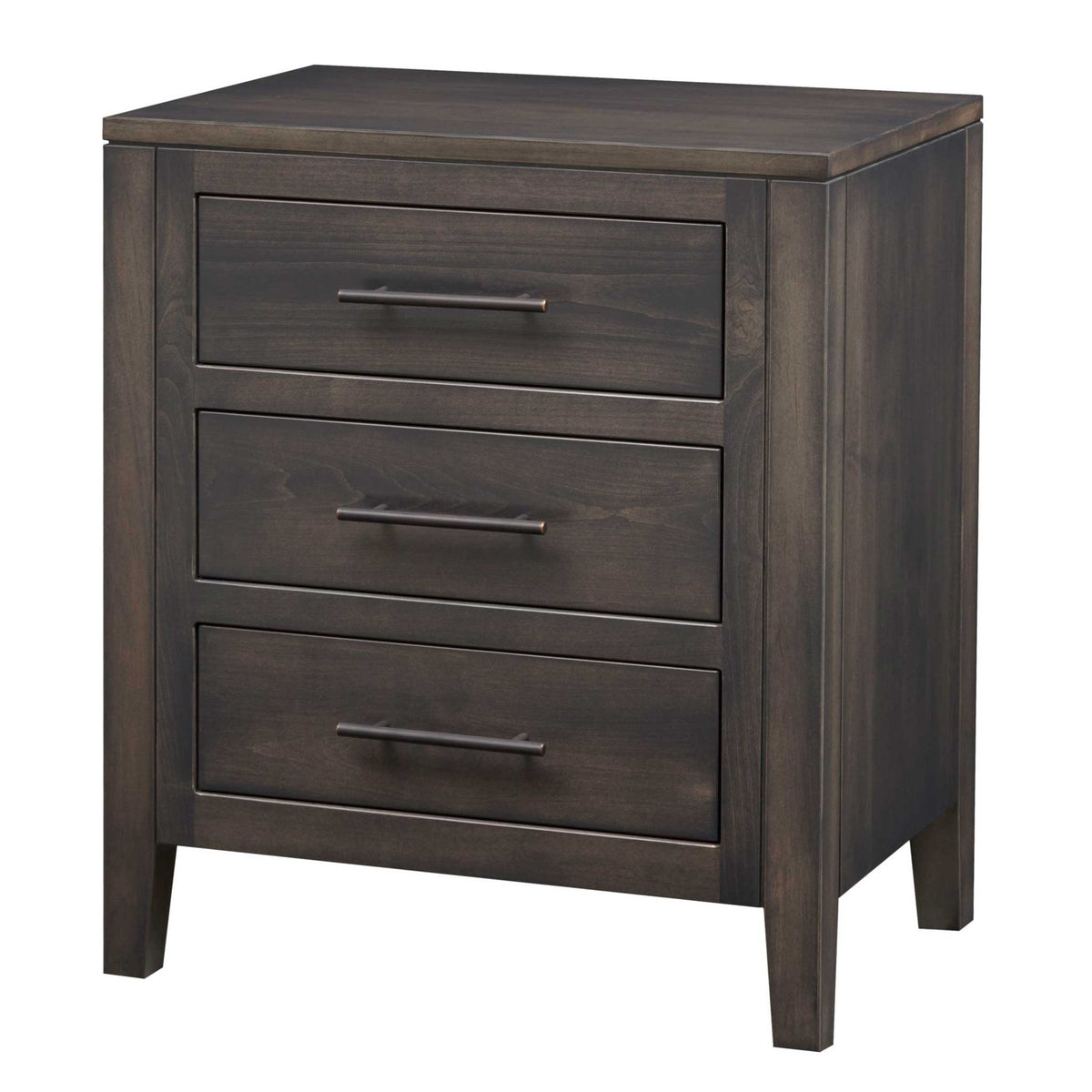Charcoal gray three drawer nightstand with dark bronze bar pulls and tapered legs, shown from an angle on white