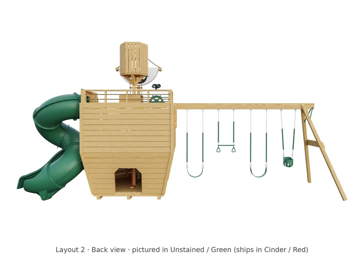 Amish Voyager Wooden Swing Set & Playset Kit – Layout 2, back view (shown in Unstained with Green accents)