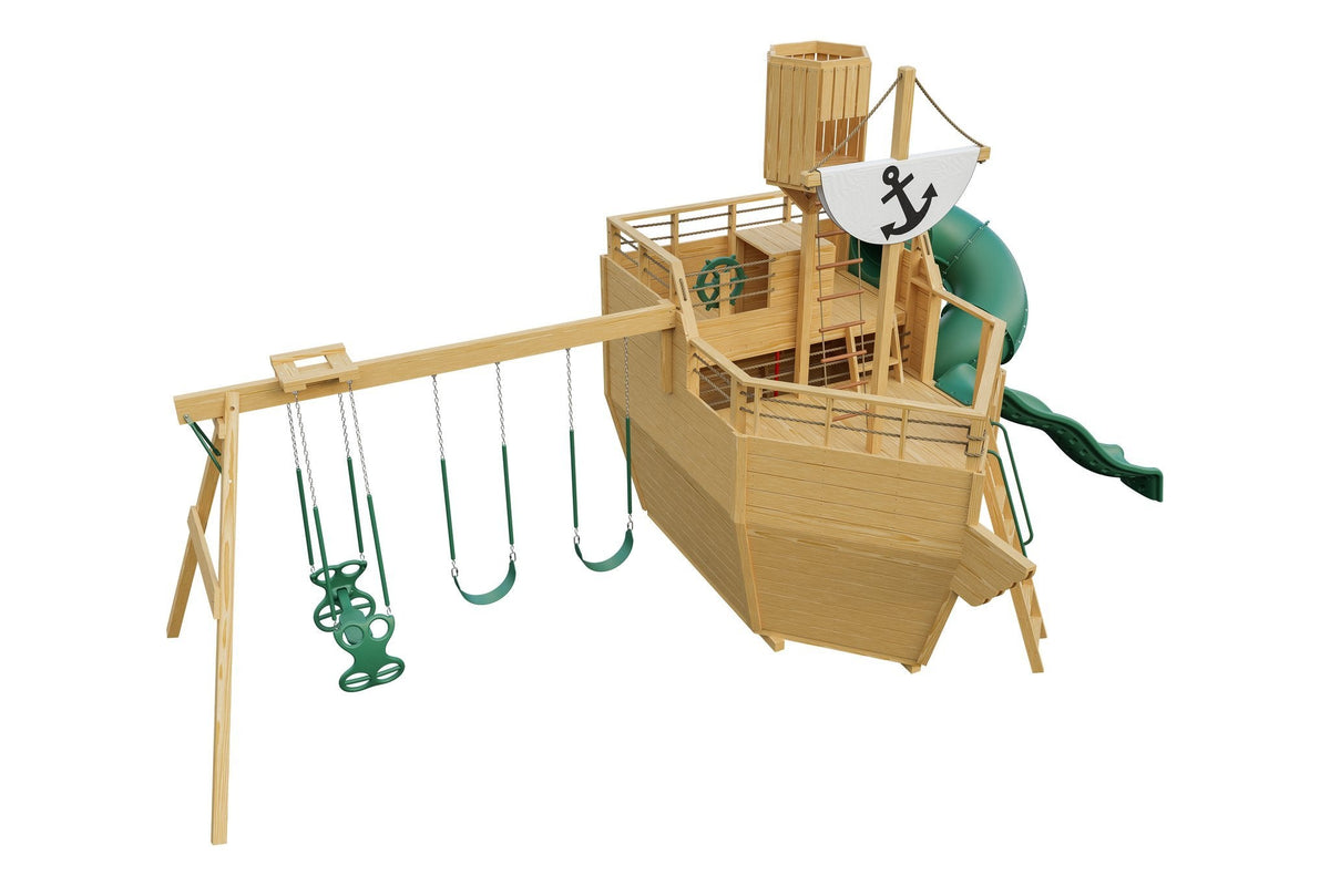 Amish Voyager Wooden Swing Set & Playset Kit – Layout 1, Unstained with Green accents