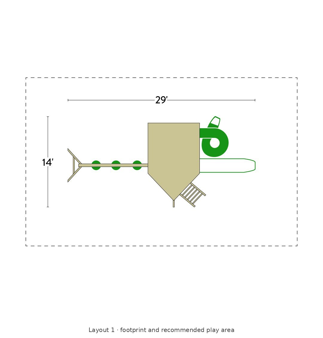 Amish Voyager Wooden Swing Set & Playset Kit – Layout 1 footprint and recommended play area diagram