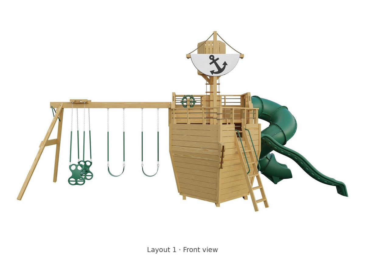 Amish Voyager Wooden Swing Set & Playset Kit – Layout 1, front view