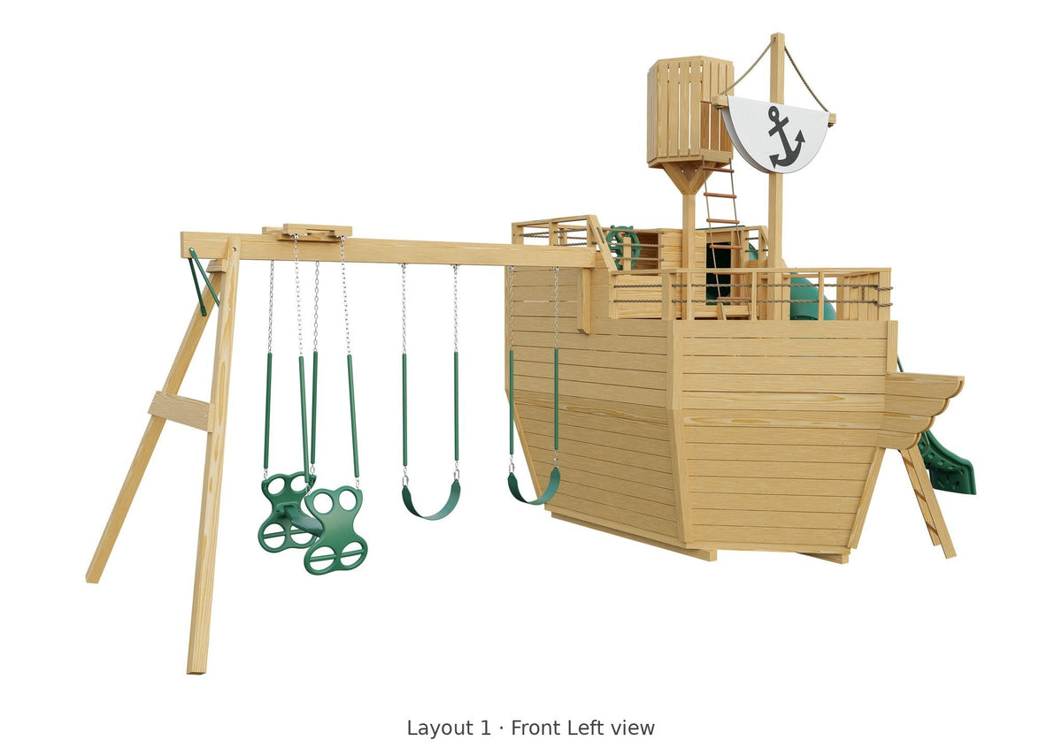 Amish Voyager Wooden Swing Set & Playset Kit – Layout 1, front left view