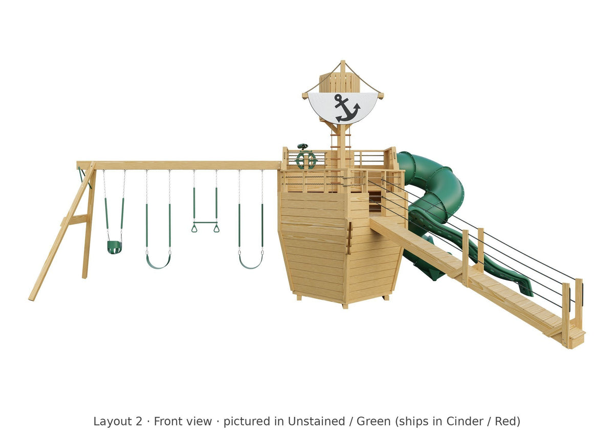 Amish Voyager Wooden Swing Set & Playset Kit – Layout 2, front view (shown in Unstained with Green accents)
