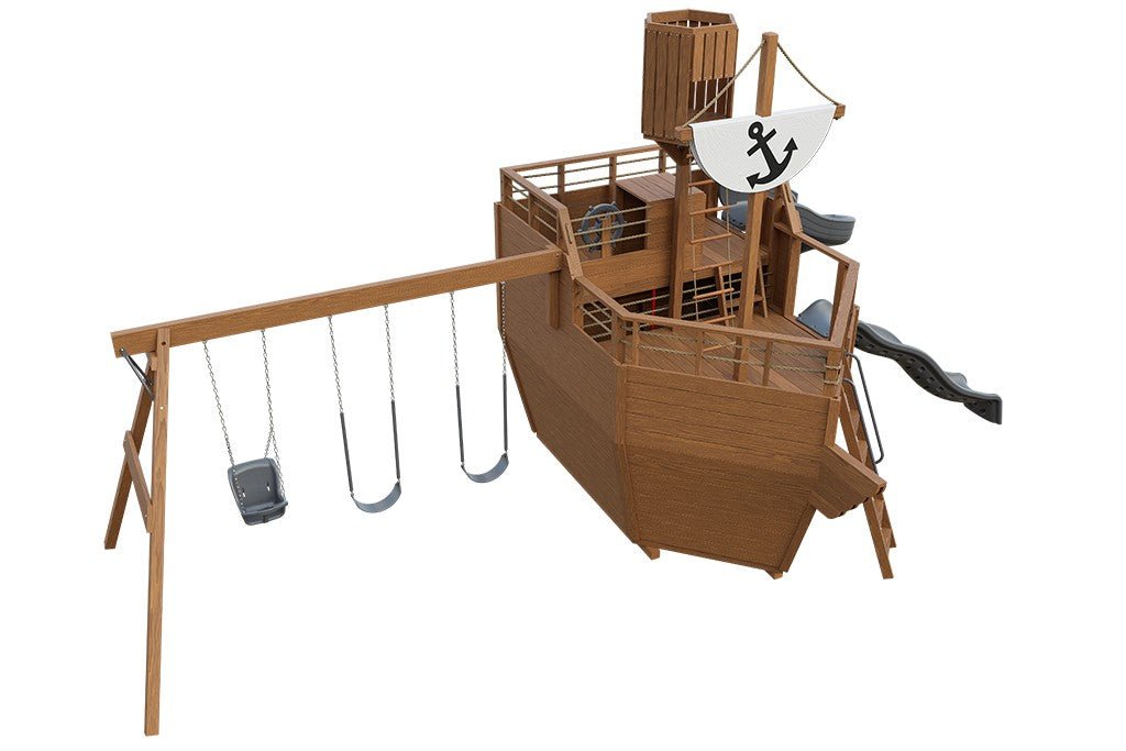 Voyager wooden playset Layout 3 in sepia brown stain, gray accents