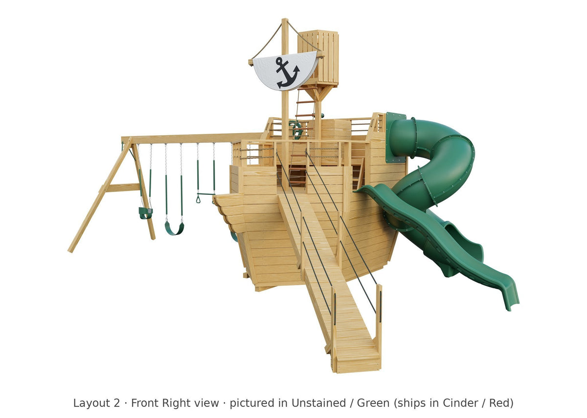 Amish Voyager Wooden Swing Set & Playset Kit – Layout 2, front right view (shown in Unstained with Green accents)