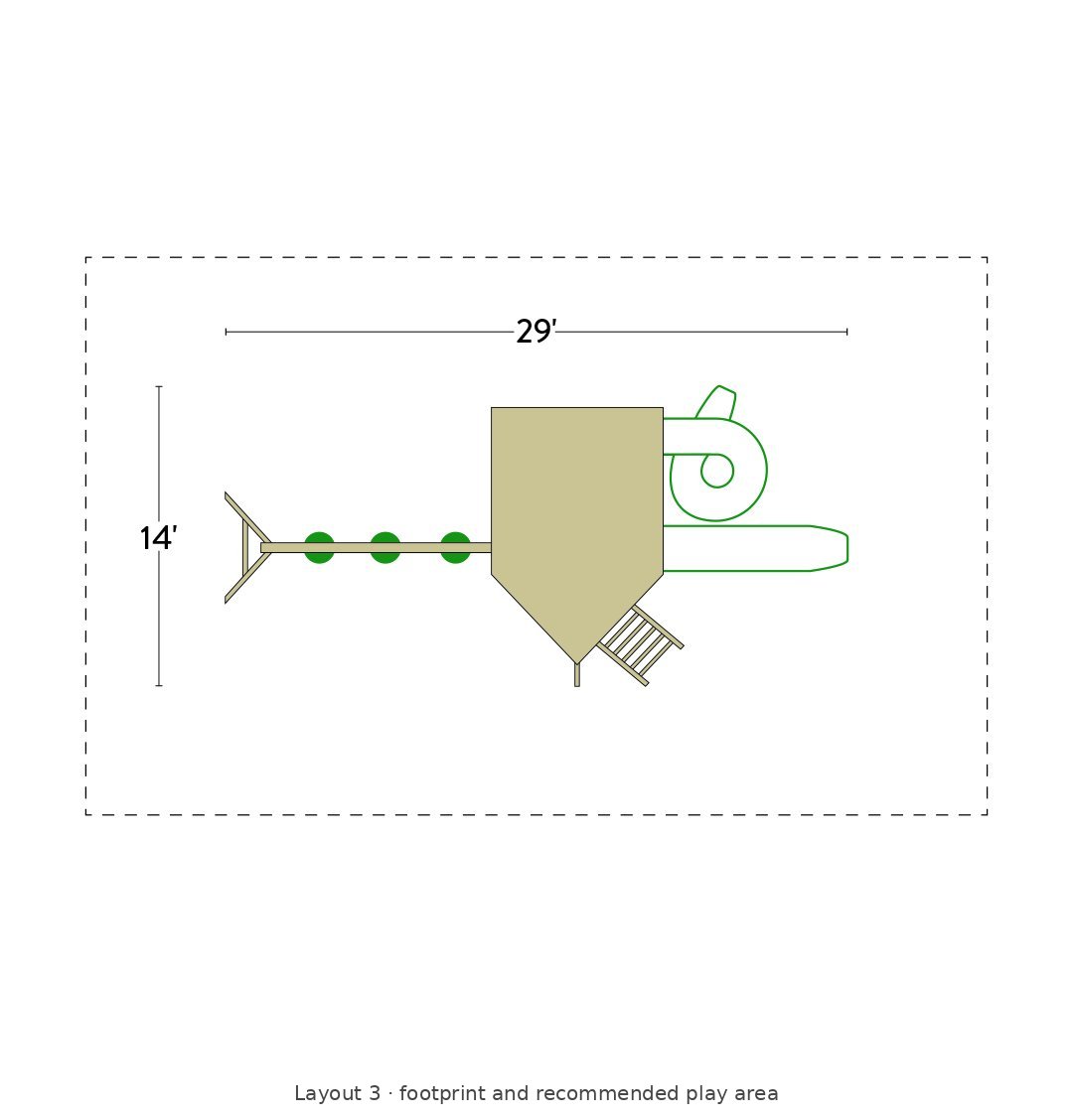 Amish Voyager Wooden Swing Set & Playset Kit – Layout 3 footprint and recommended play area diagram