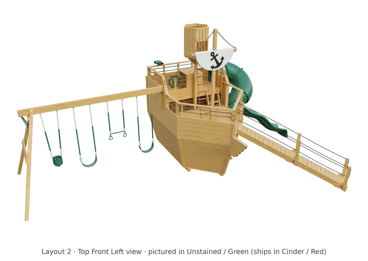 Amish Voyager Wooden Swing Set & Playset Kit – Layout 2, top front left view (shown in Unstained with Green accents)