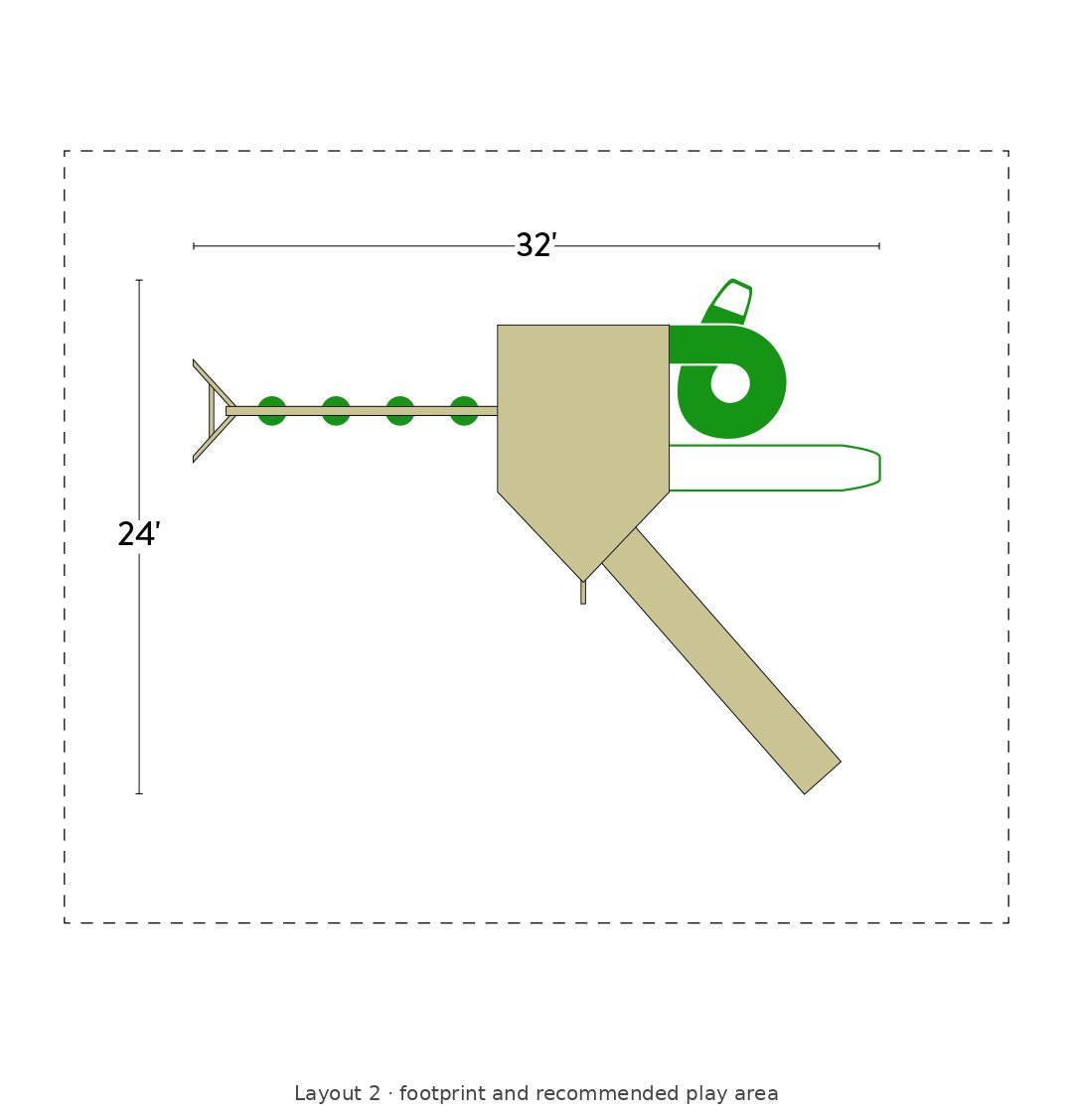 Amish Voyager Wooden Swing Set & Playset Kit – Layout 2 footprint and recommended play area diagram