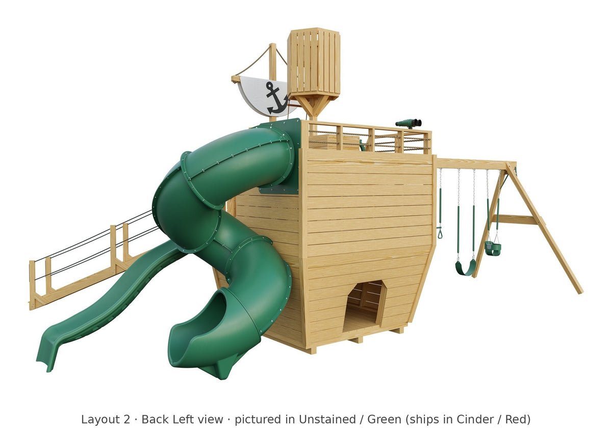 Amish Voyager Wooden Swing Set & Playset Kit – Layout 2, back left view (shown in Unstained with Green accents)
