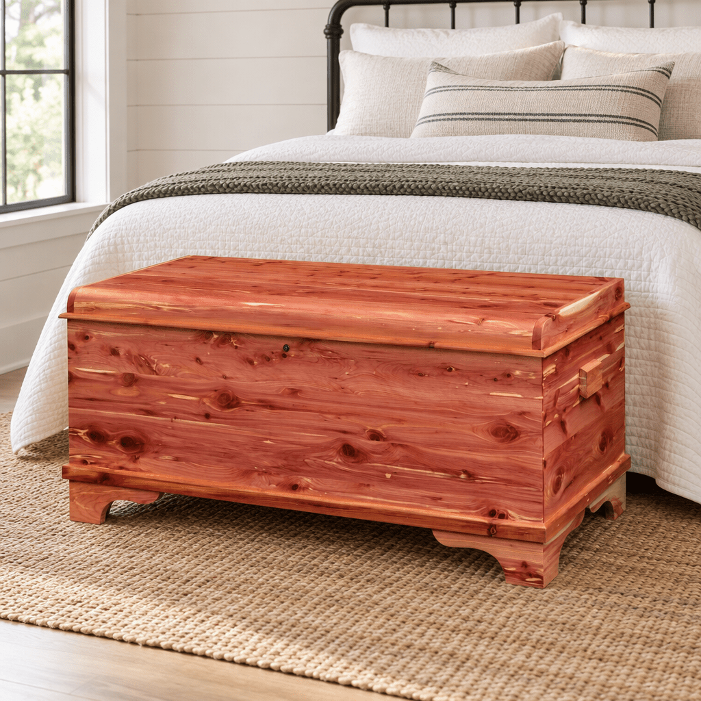Amish Waterfall Solid Wood Cedar Hope Chest shown in the bedroom of a modern farmhouse home