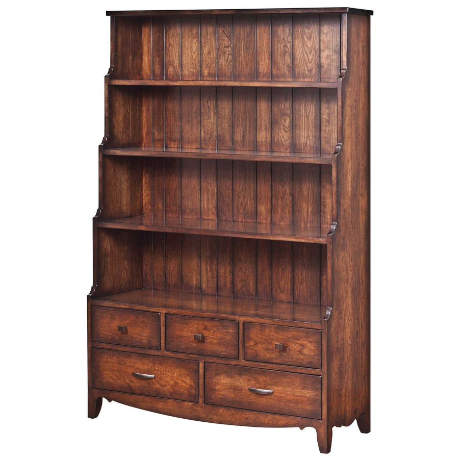 Step back bookcase in rich cherry with graduated open shelves above three small drawers and two wide drawers
