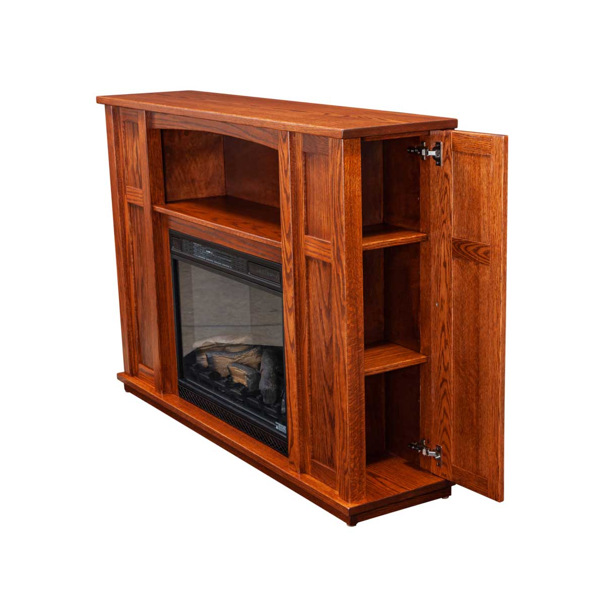 Oak fireplace mantel with one side cabinet door open showing three interior storage shelves beside the heater