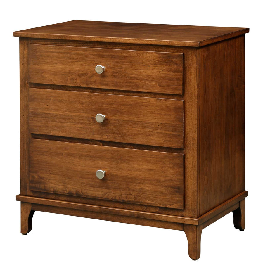 Three-drawer nightstand in warm brown solid wood with round brushed nickel knobs, shown from an angle on a white background